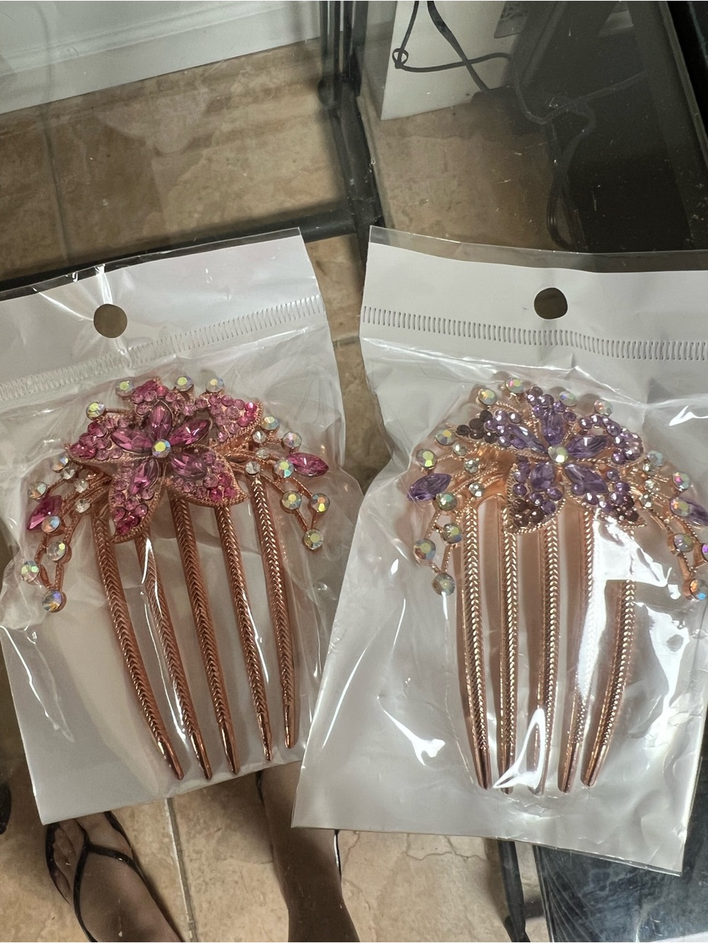 Elegant Crystal Floral Hair Comb – Pink and Purple